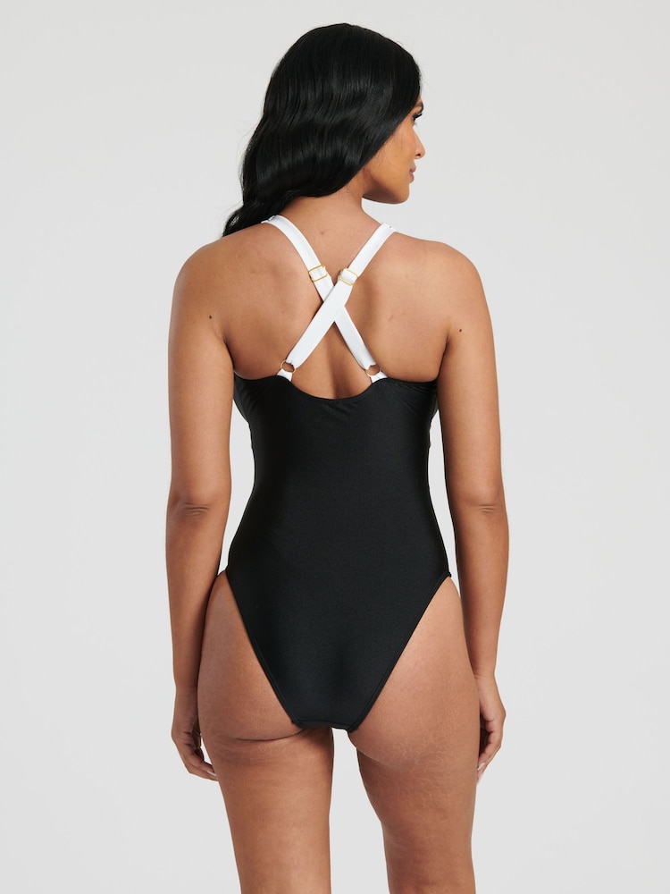 South Beach Monochrome Mesh Plunge Swimsuit - Image 2 of 6
