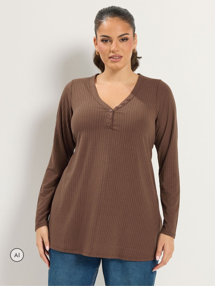 Yours Curve Brown Henley Ribbed Swing Top - Image 1 of 6 Yours Curve Brown Henley Ribbed Swing Top - Image 1 of 6