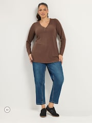 Yours Curve Brown Henley Ribbed Swing Top - Image 2 of 6