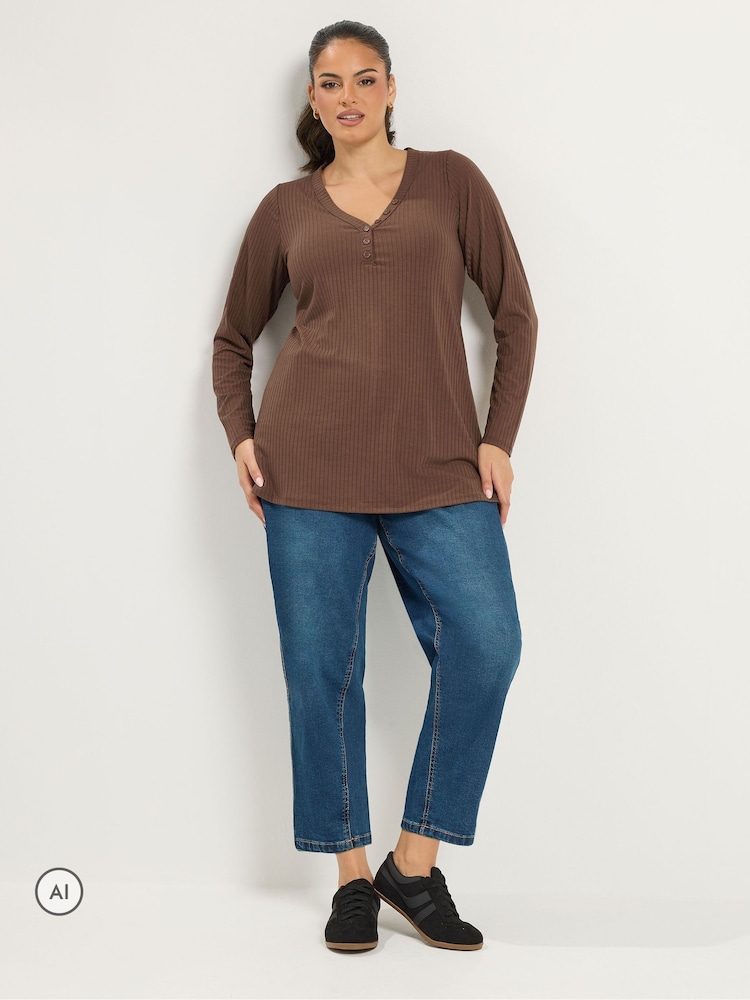 Yours Curve Brown Henley Ribbed Swing Top - Image 2 of 6 Yours Curve Brown Henley Ribbed Swing Top - Image 2 of 6