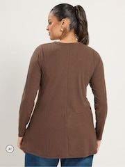 Yours Curve Brown Henley Ribbed Swing Top - Image 3 of 6