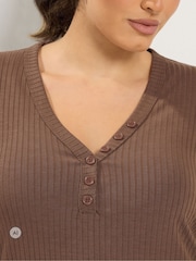 Yours Curve Brown Henley Ribbed Swing Top - Image 4 of 6