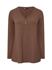Yours Curve Brown Henley Ribbed Swing Top - Image 5 of 6
