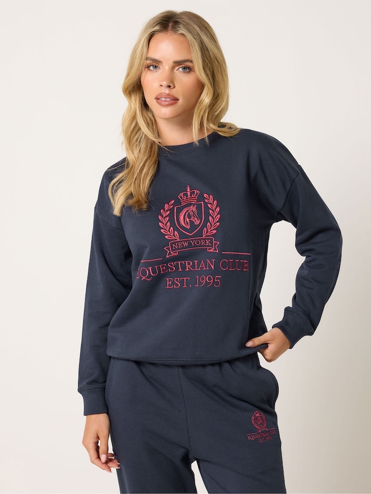 PixieGirl Petite Blue Equestrian Embroidered Sweatshirt - Image 1 of 6 PixieGirl Petite Blue Equestrian Embroidered Sweatshirt - Image 1 of 6