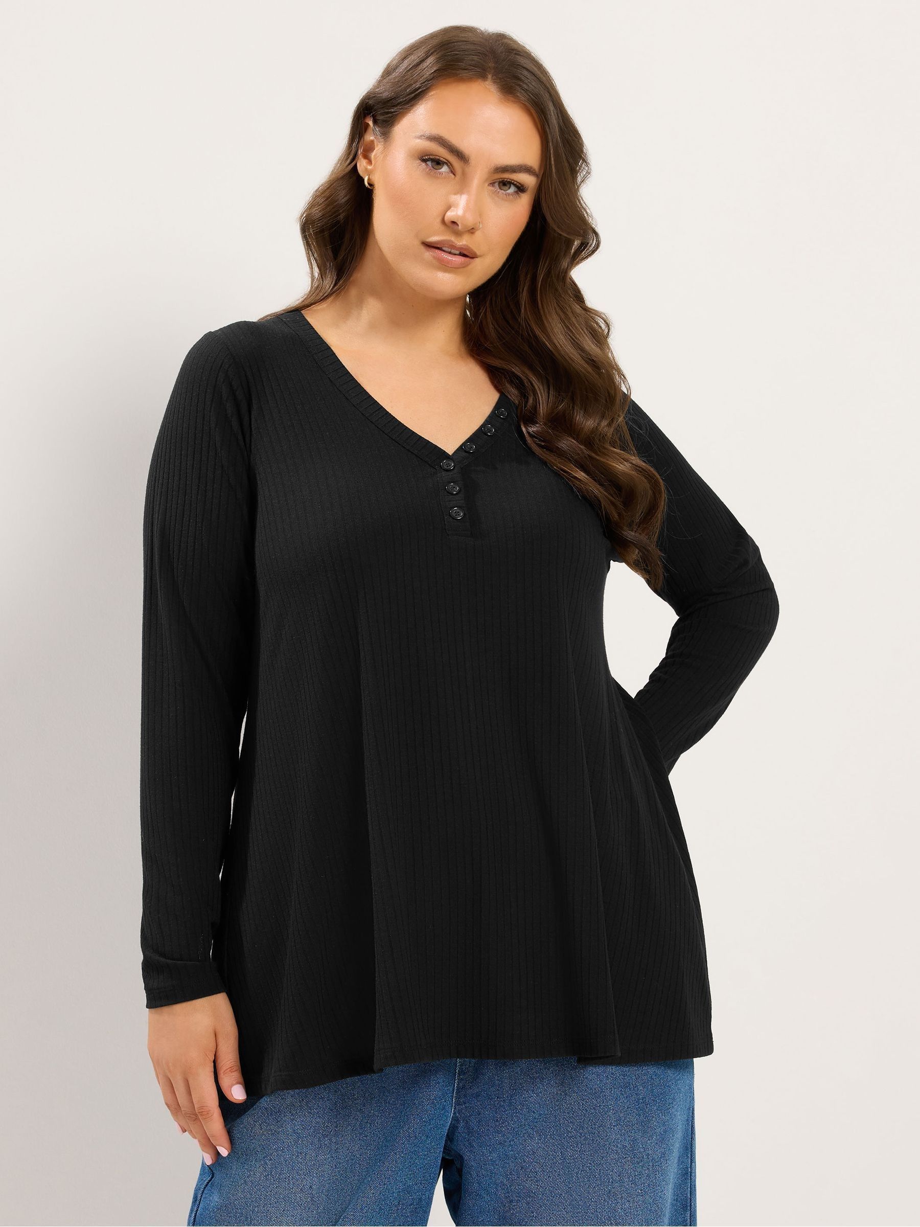Yours Women's Black Henley Ribbed Swing Top In | Size: 34/36 - Image 1
