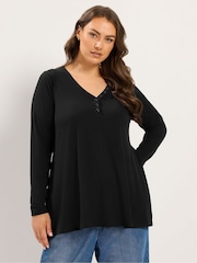 Yours Curve Black Henley Ribbed Swing Top - Image 1 of 6