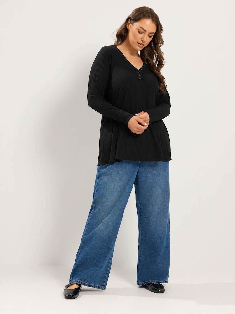 Yours Curve Black Henley Ribbed Swing Top - Image 2 of 6 Yours Curve Black Henley Ribbed Swing Top - Image 2 of 6