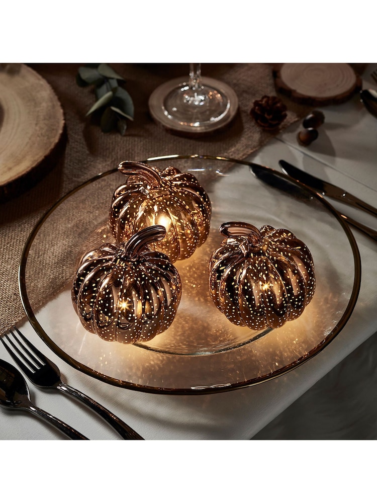 Lights4fun Rose Gold Glass Light Up Pumpkin Decoration Trio - Image 1 of 2