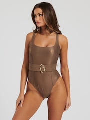 South Beach Brown Reptile Belted Scoop Swimsuit With Gold Decal - Image 4 of 6