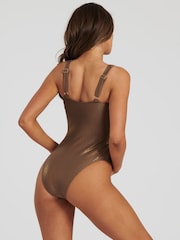 South Beach Brown Reptile Belted Scoop Swimsuit With Gold Decal - Image 5 of 6