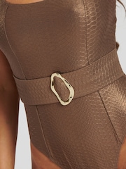 South Beach Brown Reptile Belted Scoop Swimsuit With Gold Decal - Image 6 of 6