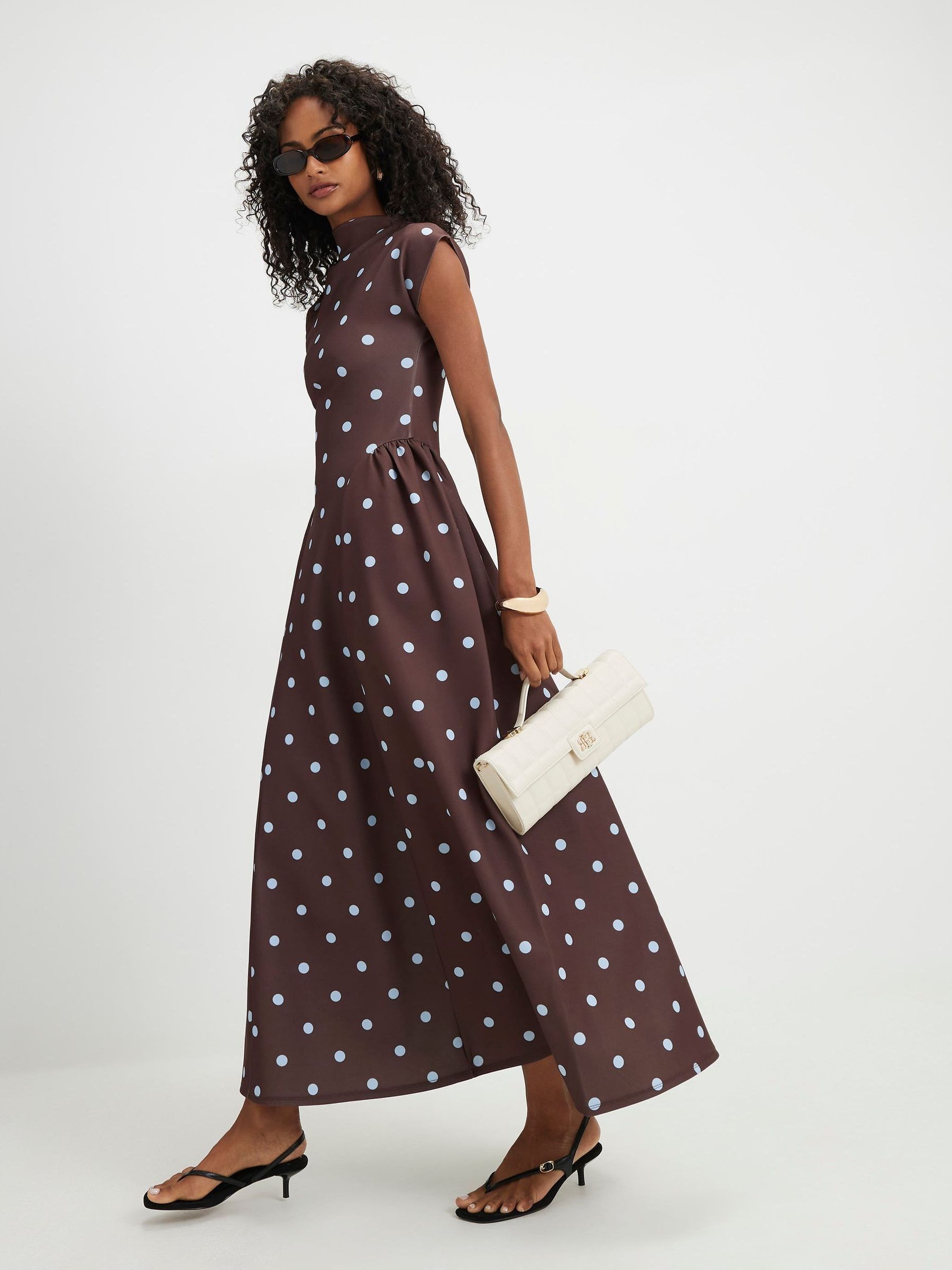 dot maxi dress in brown & ivory dot majorelle Womens River Island Polka High Neck Cap Sleeve M (US 8-10) Pickle