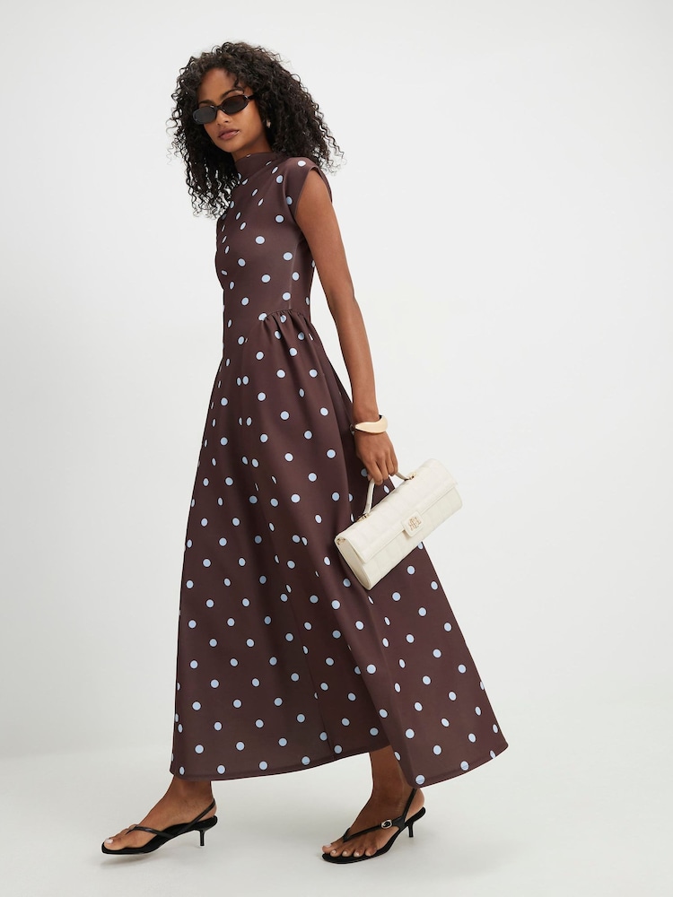 River Island Brown Polka Dot High Neck Cap Sleeve Maxi Dress - Image 1 of 4 River Island Brown Polka Dot High Neck Cap Sleeve Maxi Dress - Image 1 of 4