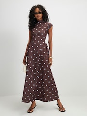 River Island Brown Polka Dot High Neck Cap Sleeve Maxi Dress - Image 2 of 4