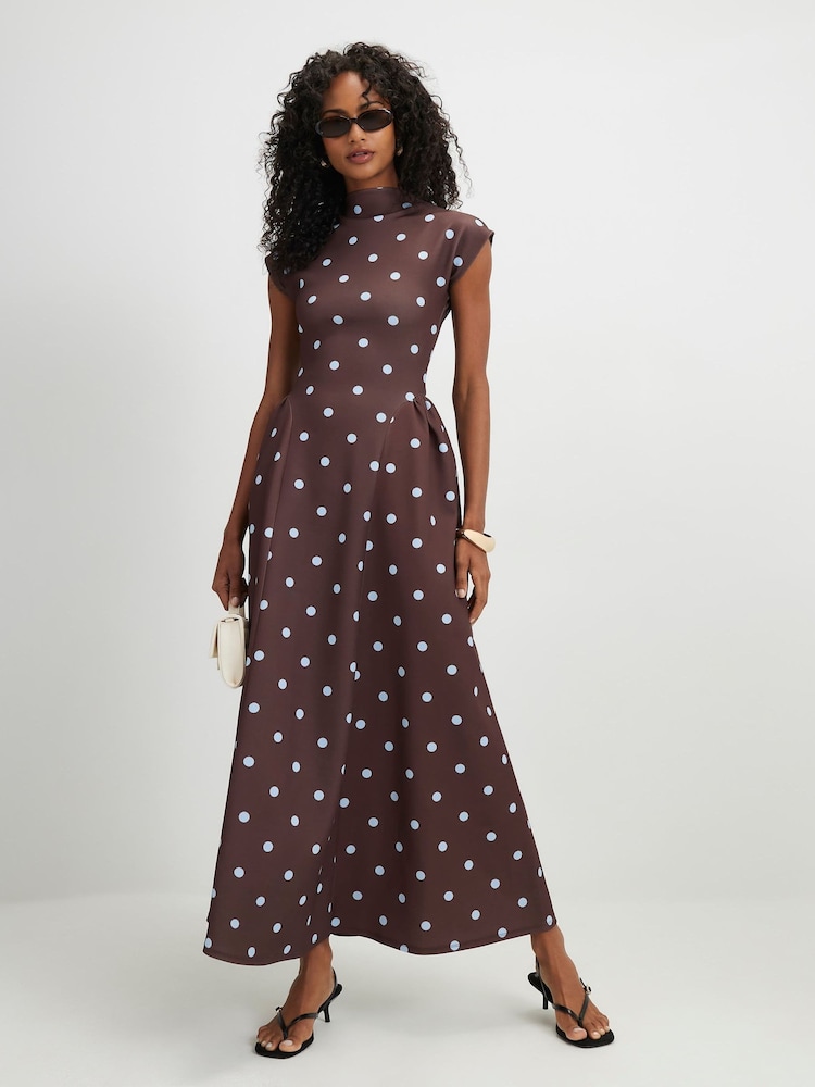 River Island Brown Polka Dot High Neck Cap Sleeve Maxi Dress - Image 2 of 4 River Island Brown Polka Dot High Neck Cap Sleeve Maxi Dress - Image 2 of 4