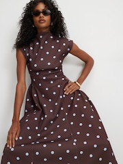 River Island Brown Polka Dot High Neck Cap Sleeve Maxi Dress - Image 3 of 4