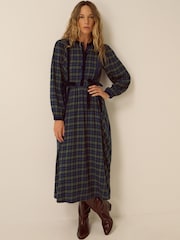 Monsoon Blue Bella Velvet Check Print Midi Dress - Image 1 of 2