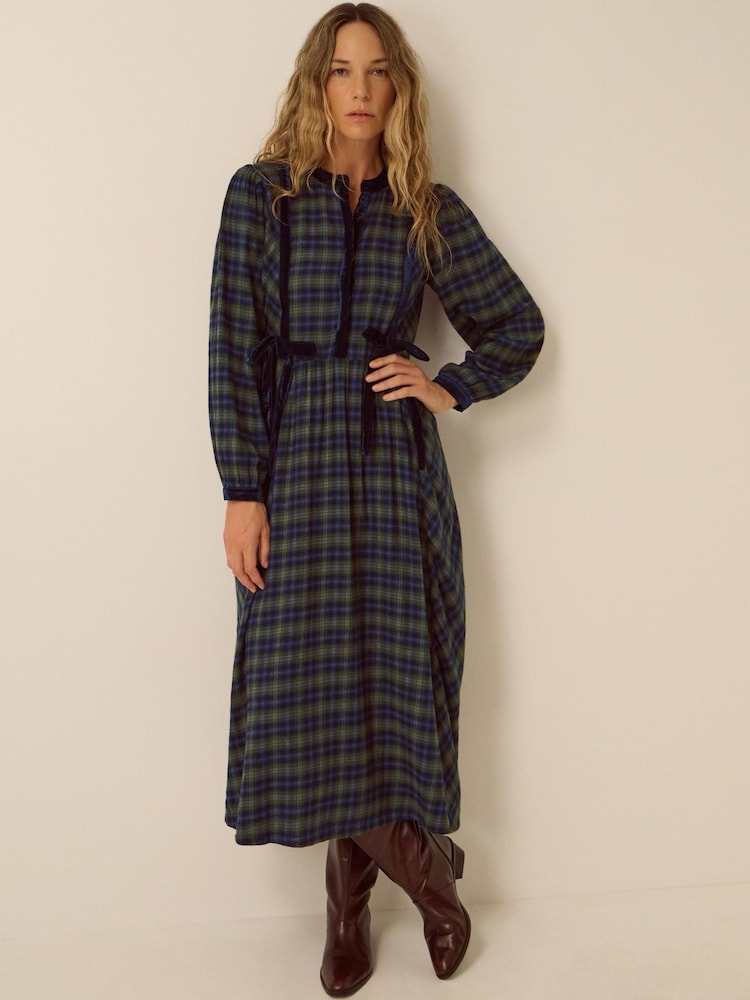 Monsoon Blue Bella Velvet Check Print Midi Dress - Image 1 of 2