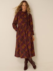 Monsoon Brown Melinda Check Print Corduroy Midi Dress - Image 1 of 5