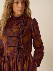 Monsoon Brown Melinda Check Print Corduroy Midi Dress - Image 3 of 5