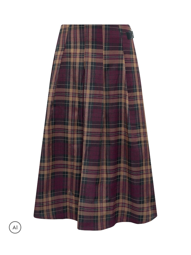 PixieGirl Petite Burgundy Red Checked Buckle Midi Skirt - Image 1 of 2 PixieGirl Petite Burgundy Red Checked Buckle Midi Skirt - Image 1 of 2