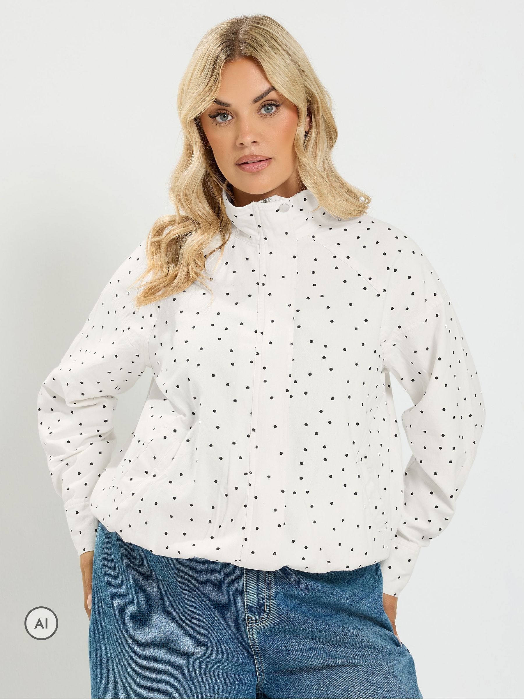 Yours Women's White Polka Dot Funnel Neck Bomber Jacket In | : 34/36 - Image 2