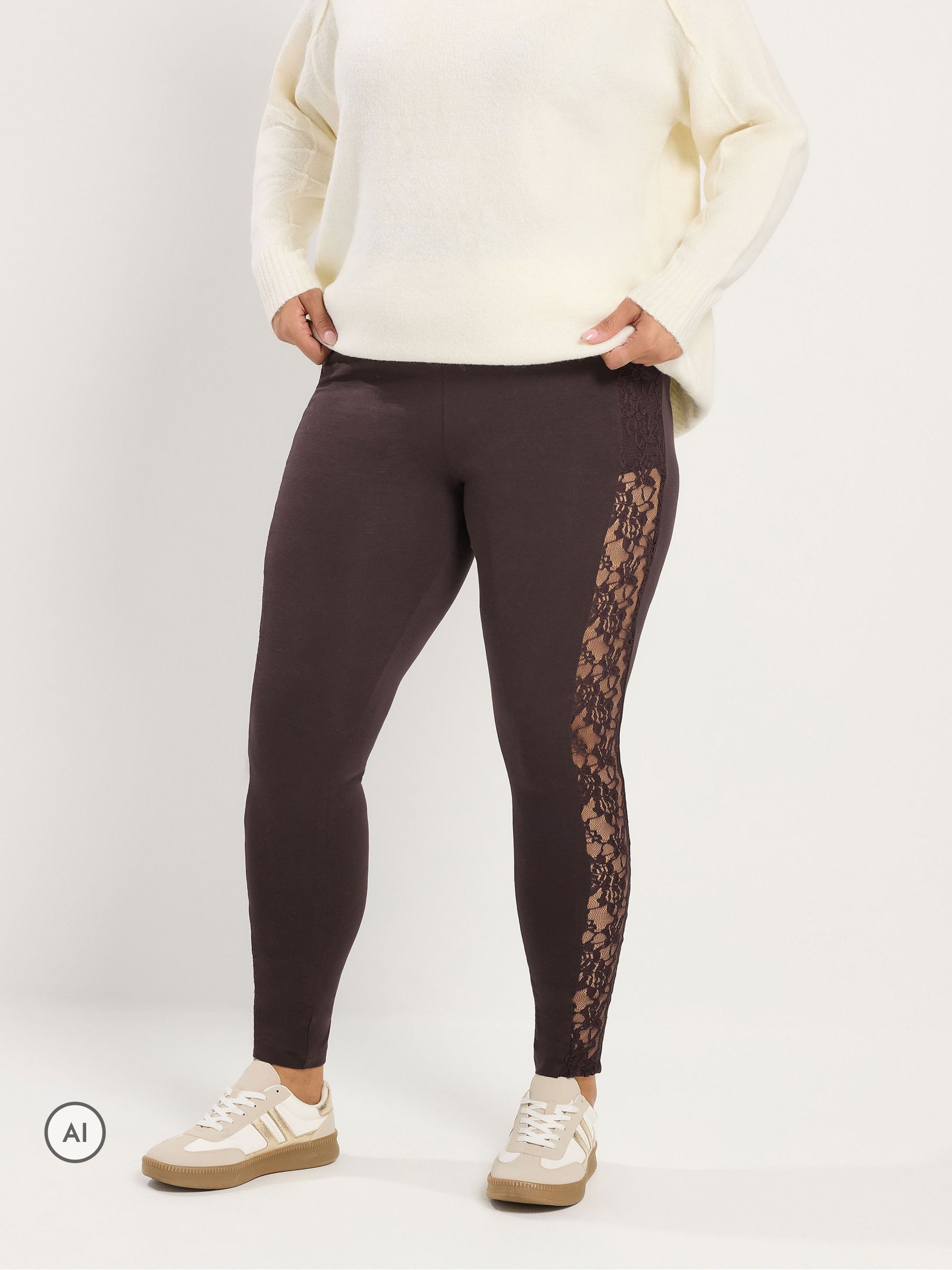 Yours Curve Women's Brown Lace Stripe Leggings - Image 1