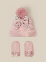 Monsoon Pink Baby Bow Beanie Hat & Mittens Set - Image 1 of 2