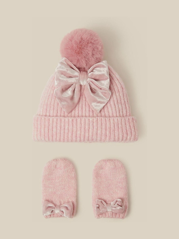 Monsoon Pink Baby Bow Beanie Hat & Mittens Set - Image 1 of 2