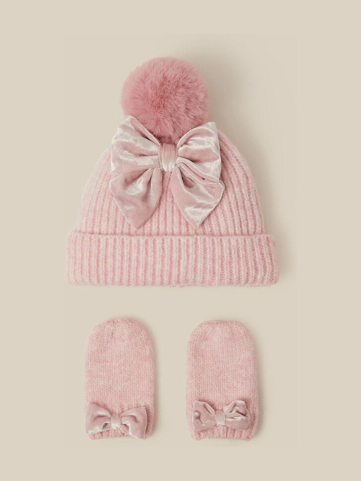 Monsoon Blue Baby Bow Beanie Hat & Mittens Set