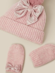 Monsoon Pink Baby Bow Beanie Hat & Mittens Set - Image 2 of 2