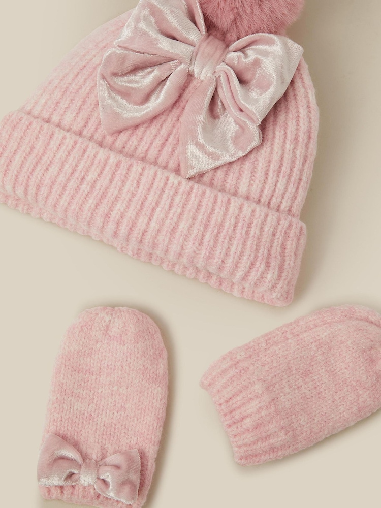 Monsoon Pink Baby Bow Beanie Hat & Mittens Set - Image 2 of 2