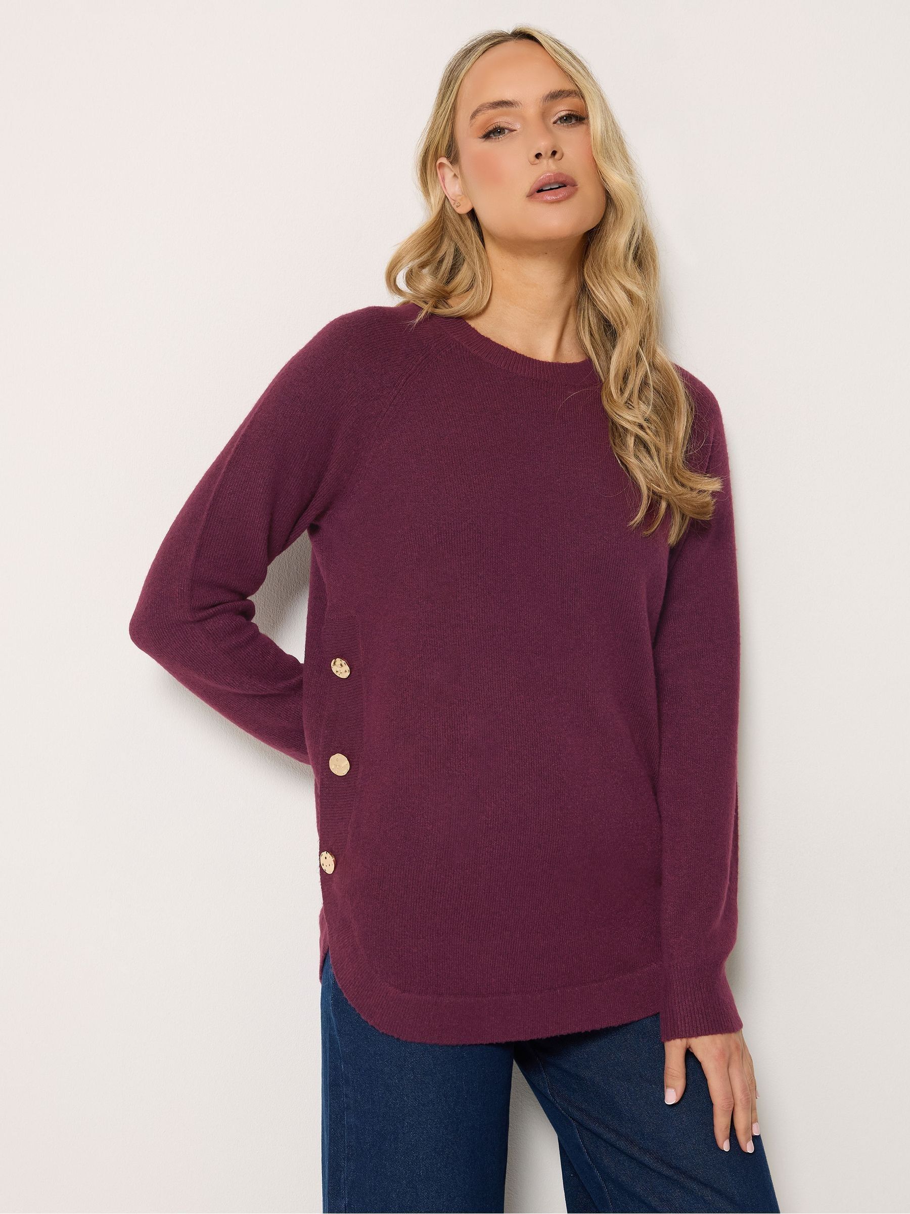 Long Tall Sally Women's Burgundy Tall Longline Button Knitted Jumper In Size 8-10 - Image 2