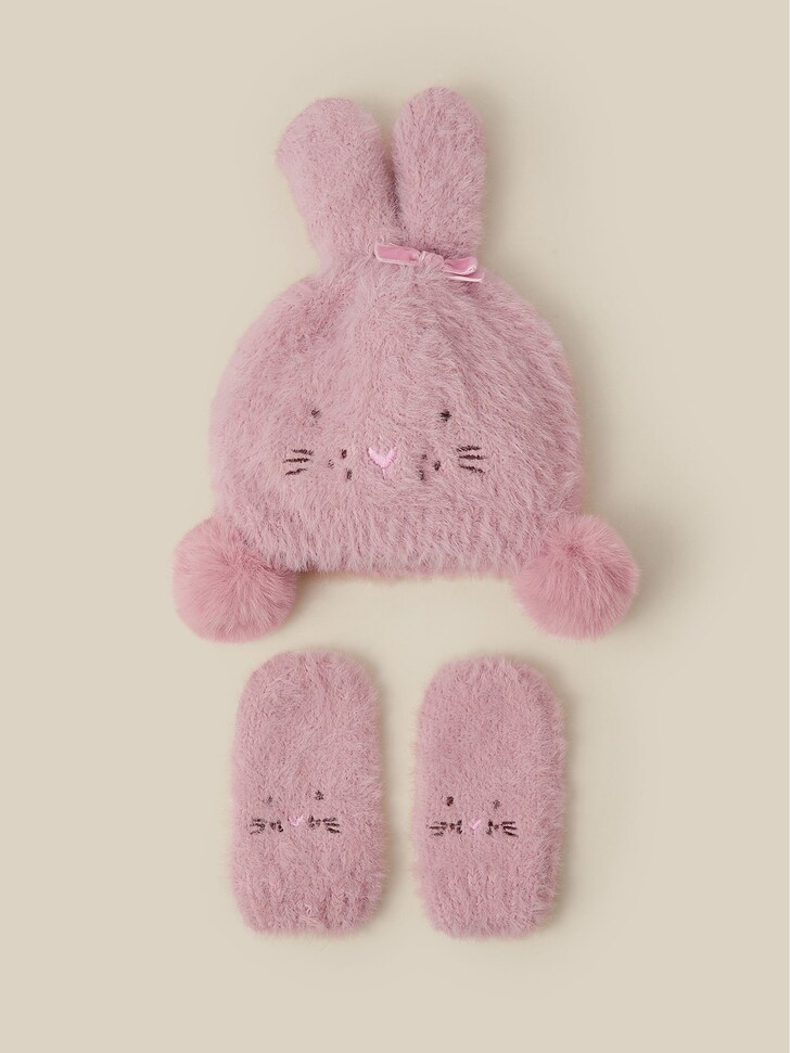 Monsoon Pink Baby Bunny Beanie Hat & Mittens Set