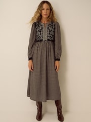 Monsoon Black Elise Embroidered Check Print Midi Dress - Image 1 of 5