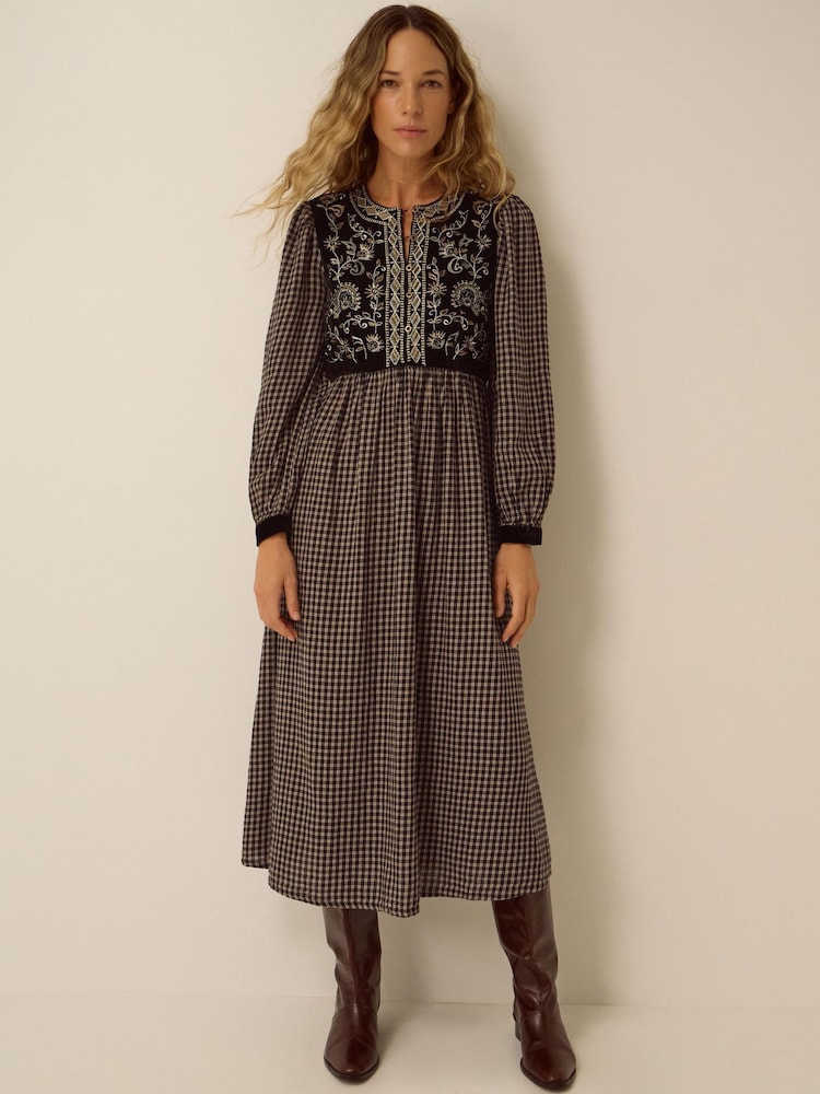 Monsoon Black Elise Embroidered Check Print Midi Dress - Image 1 of 5 Monsoon Black Elise Embroidered Check Print Midi Dress - Image 1 of 5