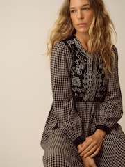Monsoon Black Elise Embroidered Check Print Midi Dress - Image 2 of 5