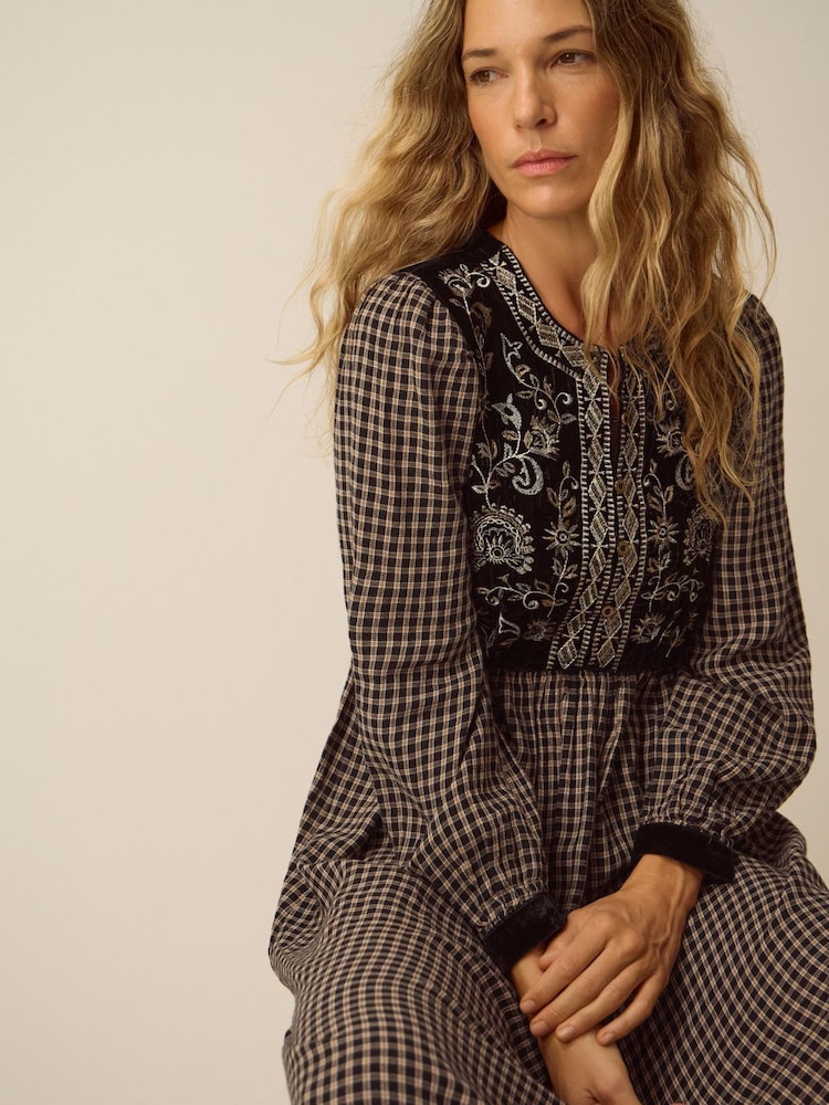 Monsoon Black Elise Embroidered Check Print Midi Dress - Image 2 of 5 Monsoon Black Elise Embroidered Check Print Midi Dress - Image 2 of 5