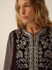 Monsoon Black Elise Embroidered Check Print Midi Dress - Image 4 of 5