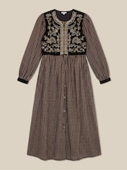 Monsoon Black Elise Embroidered Check Print Midi Dress - Image 5 of 5