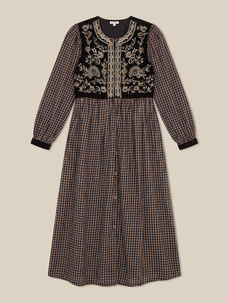 Monsoon Black Elise Embroidered Check Print Midi Dress - Image 5 of 5 Monsoon Black Elise Embroidered Check Print Midi Dress - Image 5 of 5