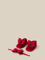 Monsoon Red Baby Bow Velvet Booties & Headband Set - Image 1 of 3