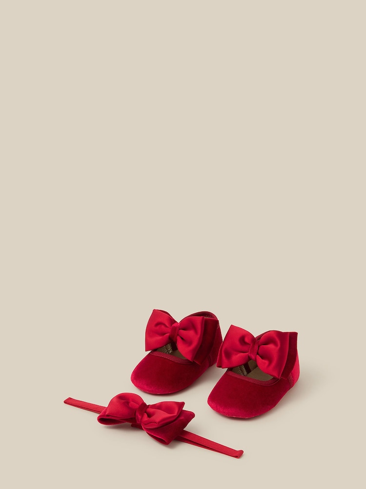 Monsoon Red Baby Bow Velvet Booties & Headband Set - Image 1 of 3 Monsoon Red Baby Bow Velvet Booties & Headband Set - Image 1 of 3