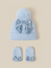 Monsoon Blue Baby Bow Beanie Hat & Mittens Set - Image 1 of 1