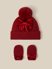 Monsoon Red Baby Bow Beanie Hat & Mittens Set - Image 1 of 3