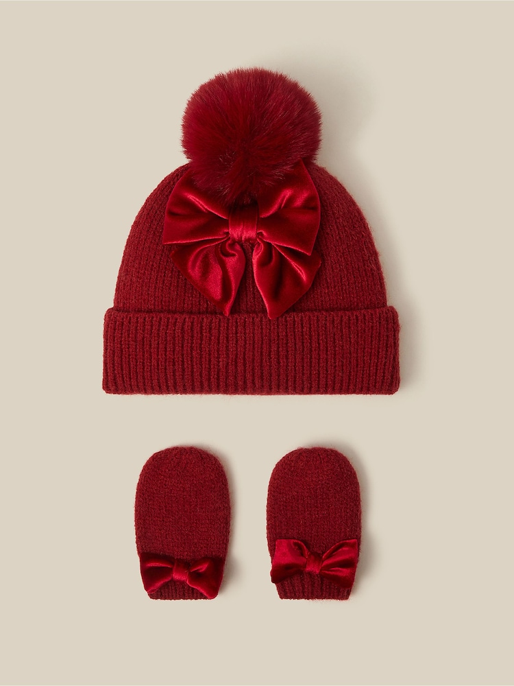 Monsoon Red Baby Bow Beanie Hat & Mittens Set - Image 1 of 3