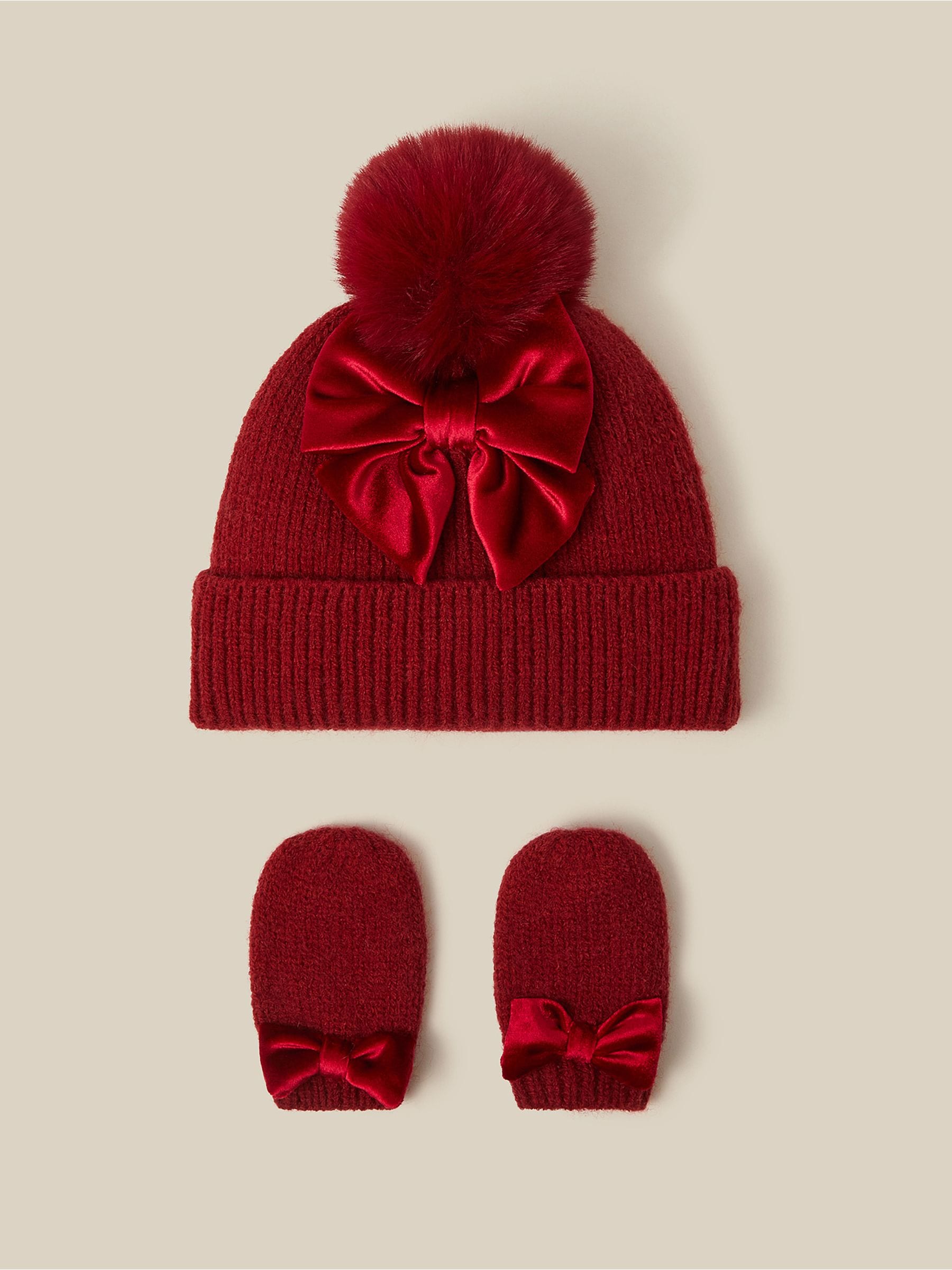 Monsoon Red Baby Bow Beanie Hat & Mittens Set view 1