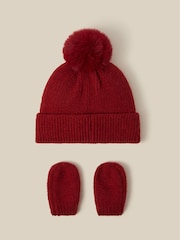Monsoon Red Baby Bow Beanie Hat & Mittens Set - Image 2 of 3