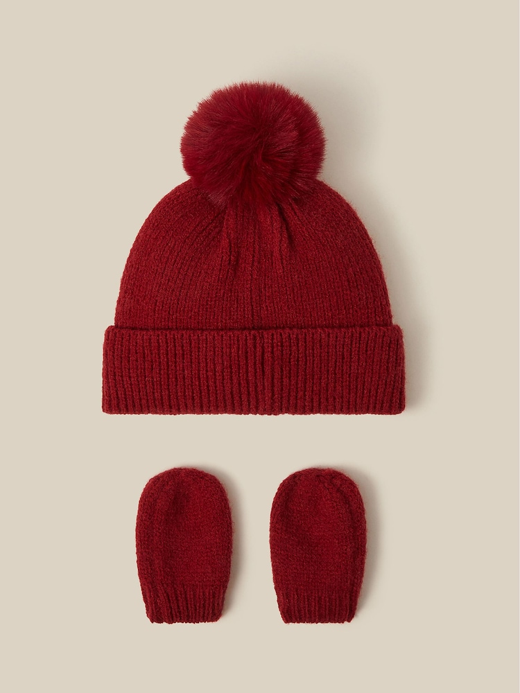 Monsoon Red Baby Bow Beanie Hat & Mittens Set - Image 2 of 3