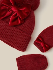 Monsoon Red Baby Bow Beanie Hat & Mittens Set - Image 3 of 3